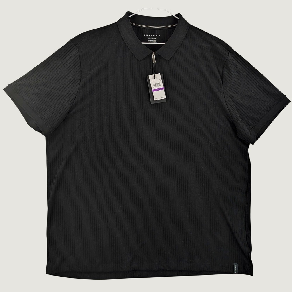 Perry Ellis Mens XXL Black Ribbed Quarter Zip Short Sleeve Polo Shirt 4JMK9002